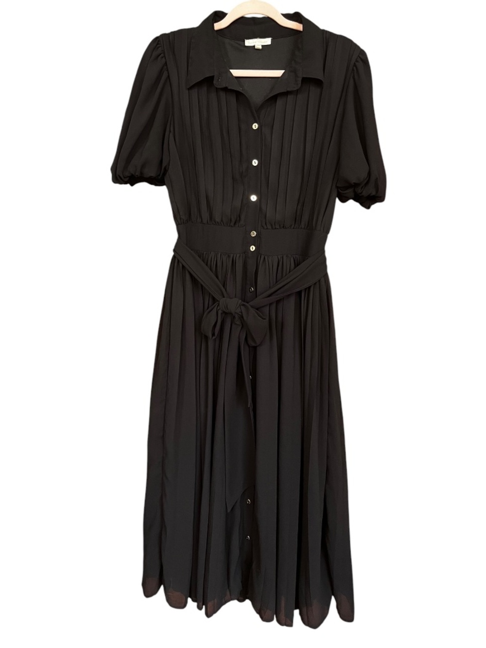 Flying Tomato Black Chiffon Puff Sleeve Pleated Belted Button Midi Dress Sz M